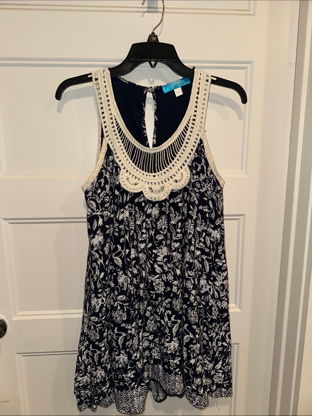Crocheted Yoke Navy Floral lined Dress